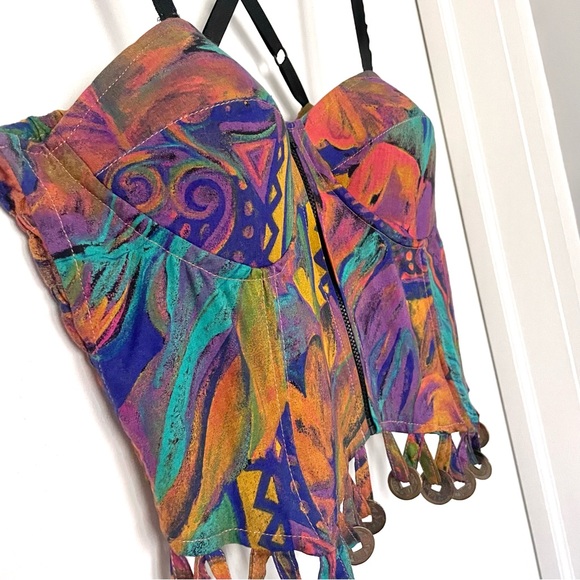 Vintage 90s Deadstock CHRISTINA FAIRBANKS Bustier Top Abstract Print Coin Fringe - Picture 5 of 12